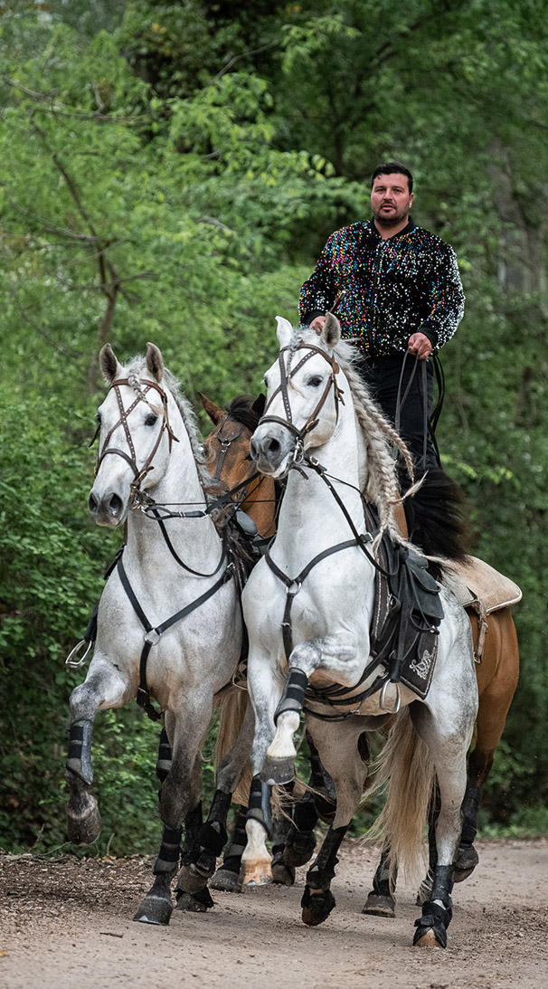 Benoît en costume à paillettes debout sur 4 chevaux
